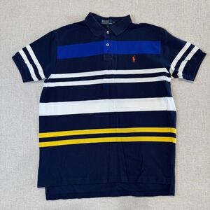 Vintage Polo Ralph Lauren Mens XL Navy Blue Striped Pique Cotton Short Sleeve